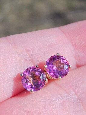 14K Yellow Gold Pink Topaz 4 Prong Stud Earrings 7mm